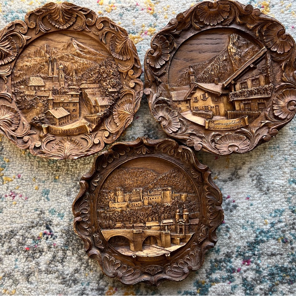 3 Vintage 3d round carved wooden plates